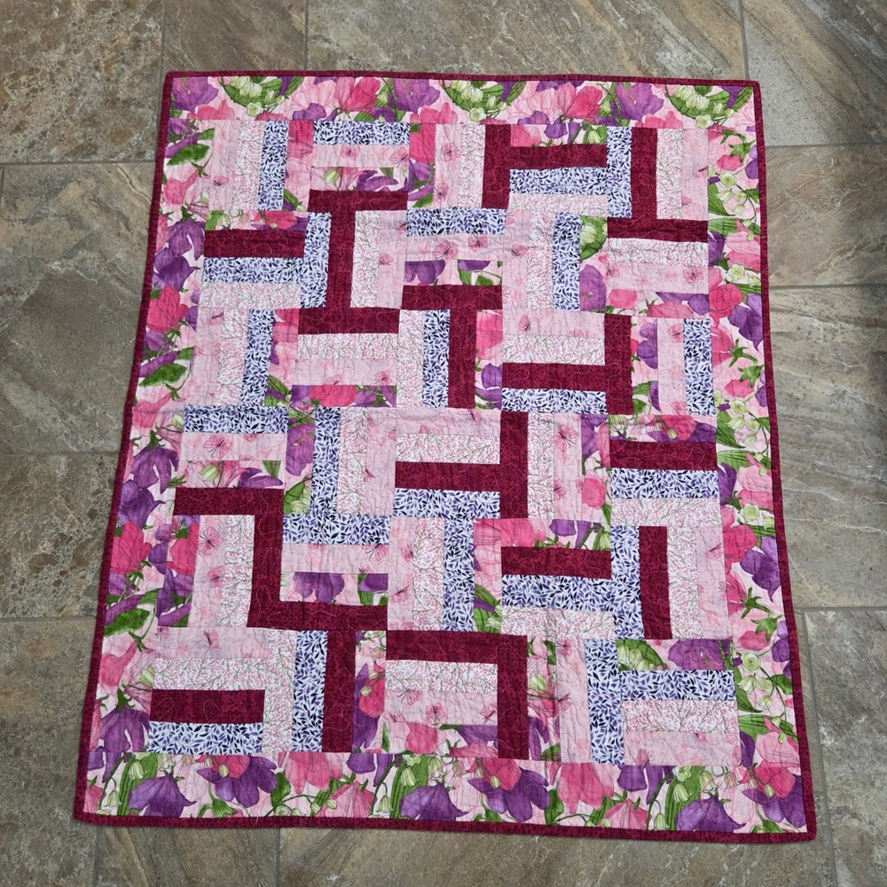 Handmade Floral Patchwork Baby Quilt Rail Fence Pink Purple Burg 36x32